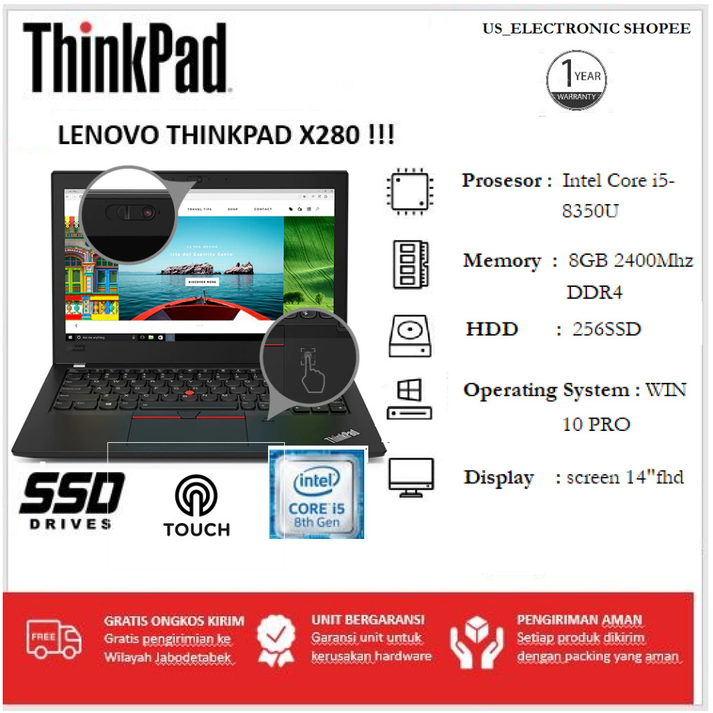 Laptop Lenovo Thinkpad X280 i5 GEN 8 RAM 16GB/256SSD TOUCHSCREEN