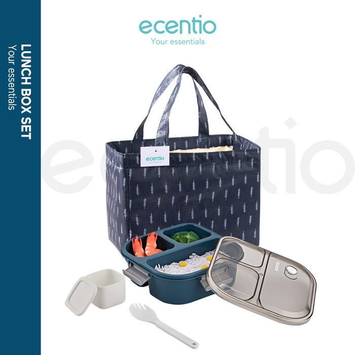 ecentio kotak makan 1.1L lunch box&tas bekal set anti bocor BPA free