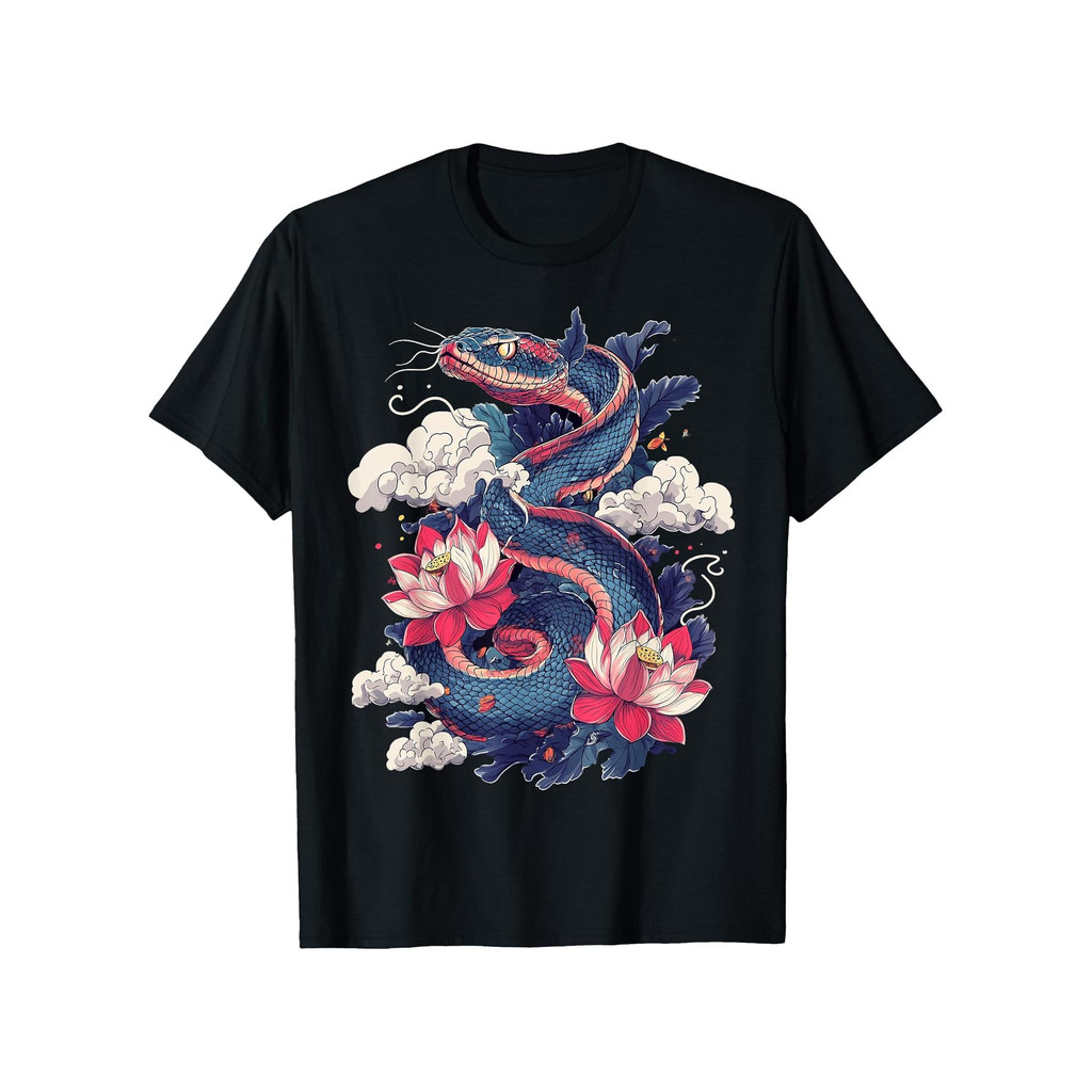 Kaos Pria Katun Kasual Gambar Ular Biru dan Bunga Lotus Merah Muda Lembut Lengan Pendek Leher O Lata