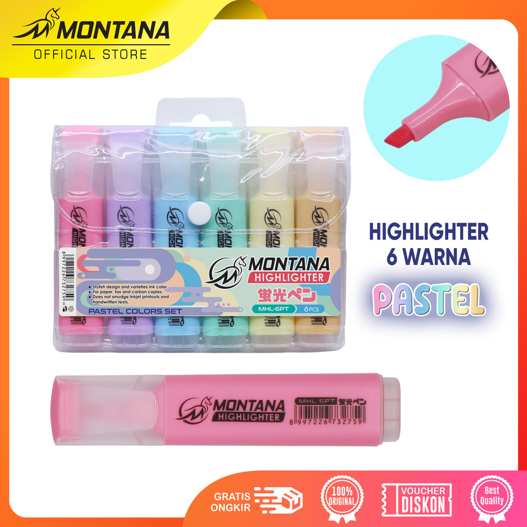

MONTANA Highlighter Pastel Set 6 Warna Colors MHL-6FL Penanda Berwarna Textliner Pastel