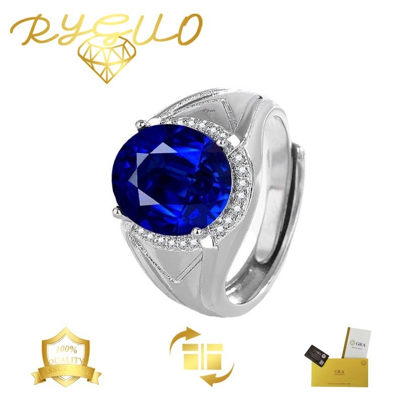 RYGUO Cincin Fashion Pria Moissanite Perak S925 Biru