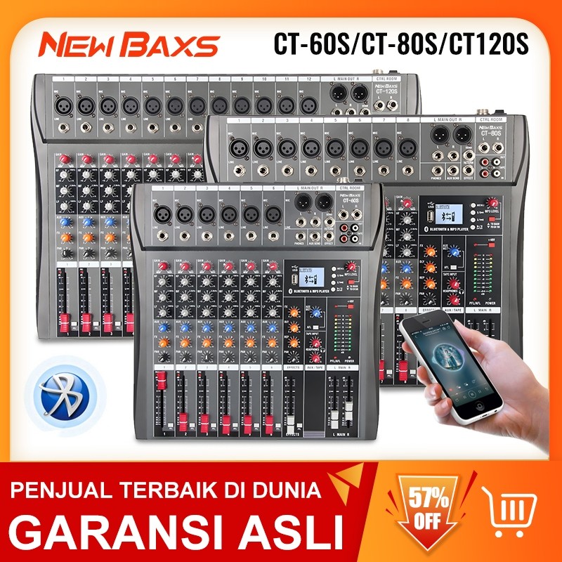 NEW BAXS AUDIO MIXER CT60S/CT80S/CT120S SBLUETOOTH,USB,RECORD,SOUND CARDREVERB Mixer audio saluran 6