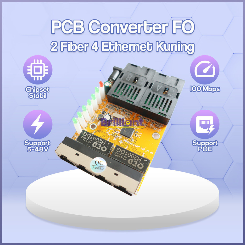 【Support POE】 2F4E Yellow PCBA  5V-12V Power input 2 Port FO - 4 Port LAN Tanpa BOX