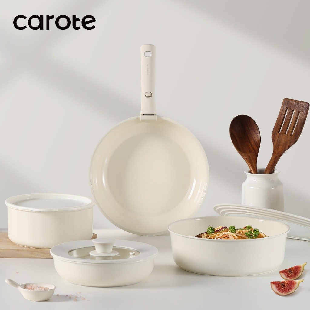 CAROTE Peralatan Masak Set 11 PCS Dengan Gagang Lepas Pasang Memudahkan Penyimpanan Lapisan Keramik 