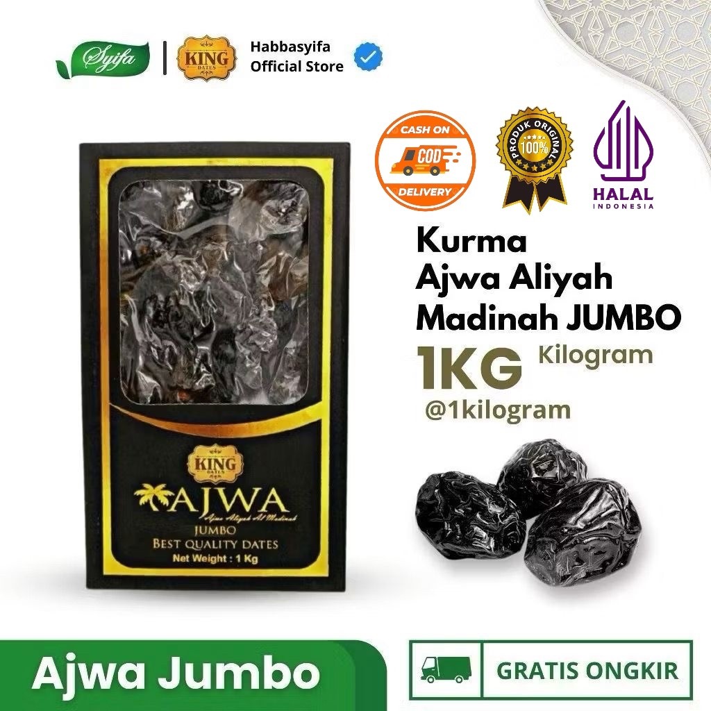 

(COD) 1Kg Kurma King Dates Ajwa Jumbo | Kurma Nabi Original Bagus dan Manis