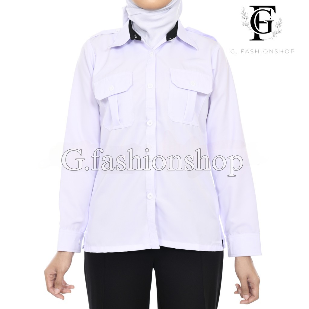 Baju PDH Putih Wanita – Desain Eksklusif dengan Kerah Hitam