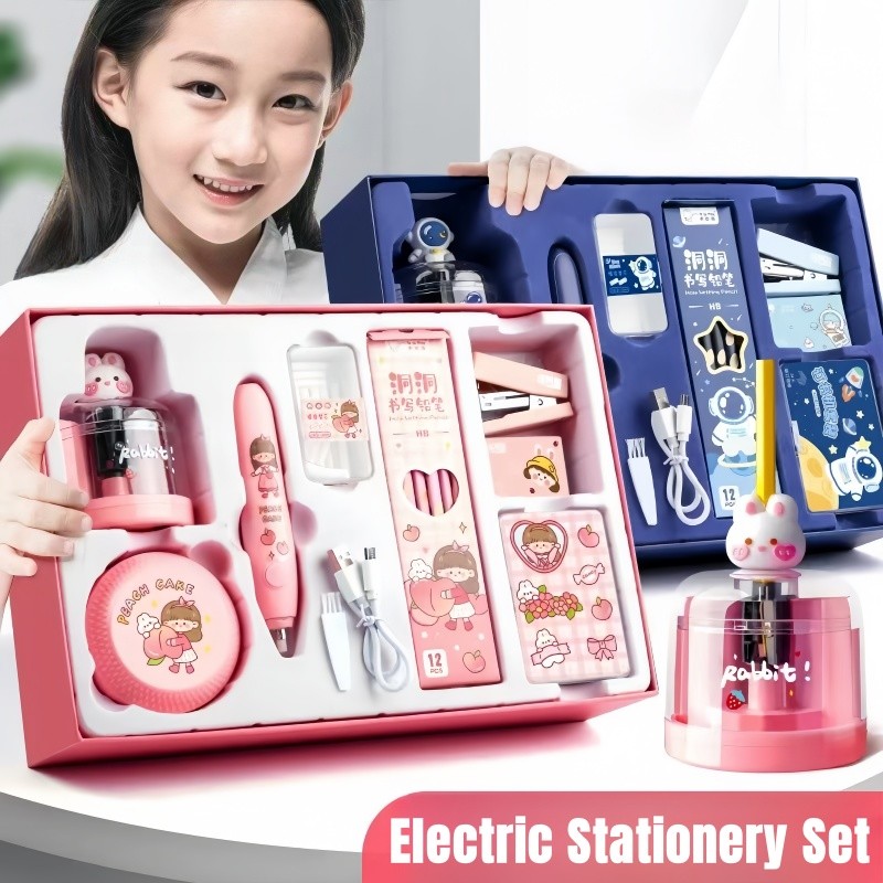 

12 IN 1 Electric Stationery Set /Jurnal Dan Set Alat Tulis Elektrik/Elektrik Rautan Penghapus Vacuum Pensil Anak Alat Perkakas Belajar Anak Perempuan Kado Electric Stationery Set