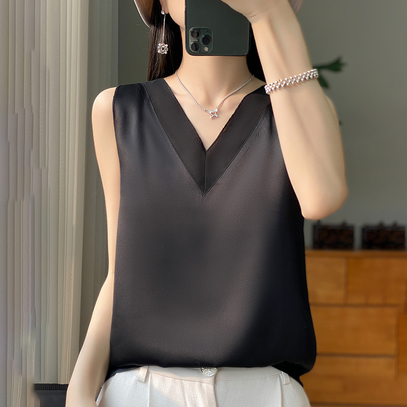 Women Fashion Solid Silk Camisole Summer Casual Loose V-neck Sleeveless Tank Top All-match Chic Top 