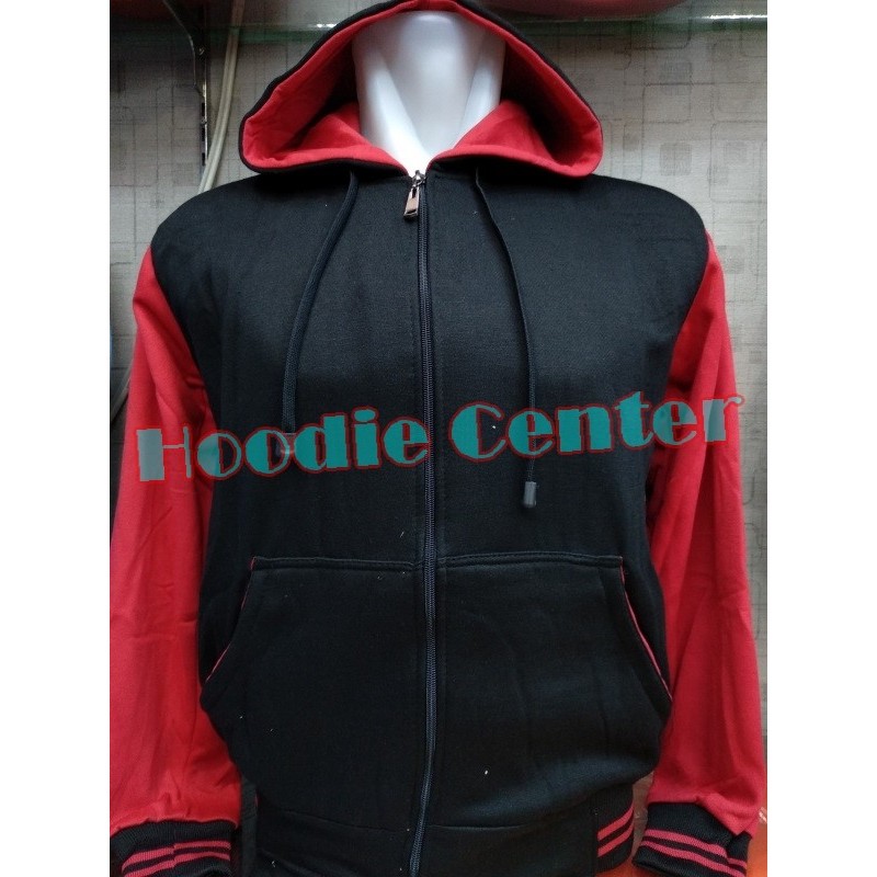 BEST SELLER JAKET HOODIE ZIPPER RAGLAN VARSITY HOODIE RAGLAN JAKET RAGLAN POLOS - Hitam - Merah, M