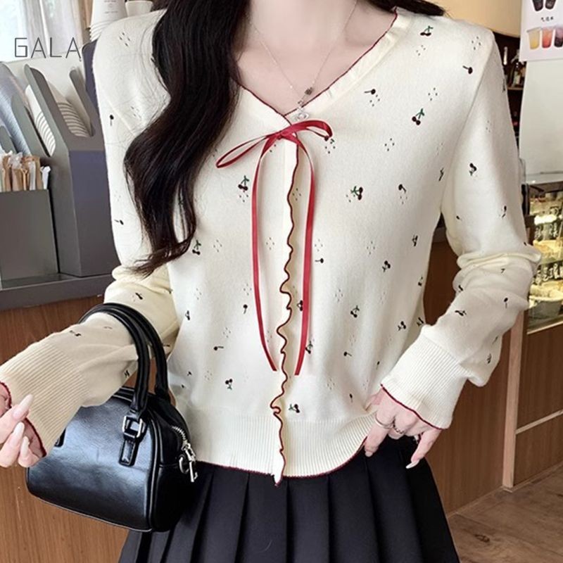 Baju Korean Style Wanita Lucu Atasan Rajut Wanita V-Neck Baju Crop Top Wanita Lengan Panjang GA