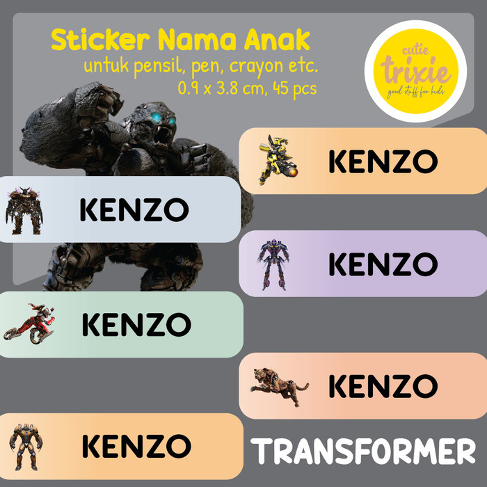 

Sticker label nama anak untuk pensil pen crayon Transformer