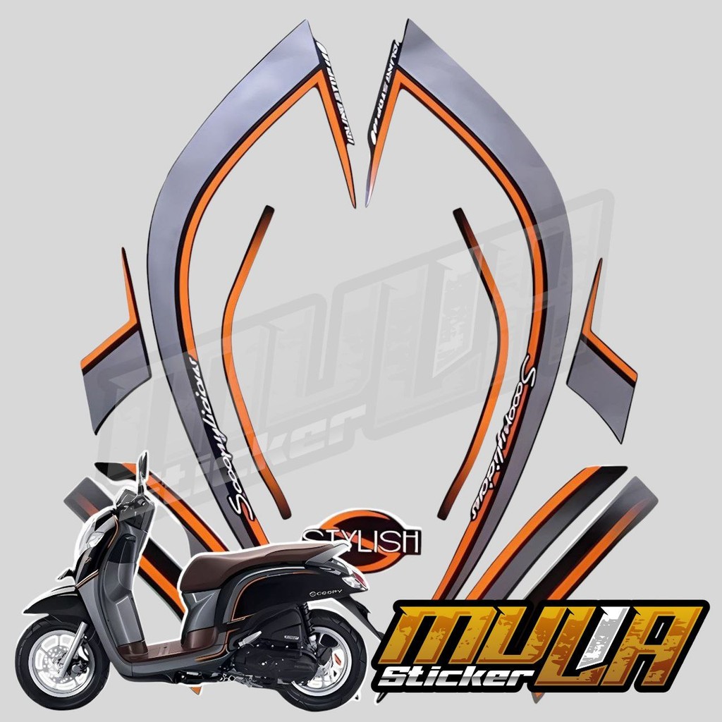 STICKER STIKER POLET LIS STRIPING MOTOR FULL BODY HONDA SCOOPY STYLISH 2017 WARNA HITAM ABU ABU OREN