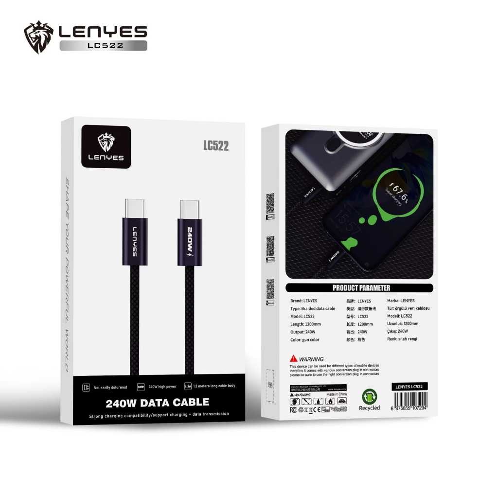 Kabel Data LENYES LC522 240W Fast Charging Type C To Type C Data Cable Charger Braided Nylon 1.2 Meter