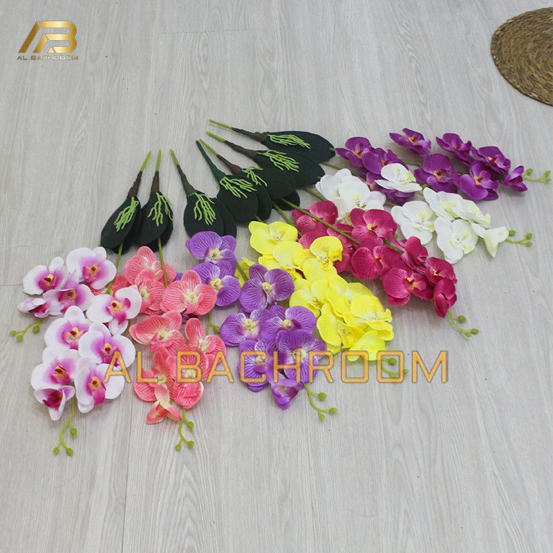 B8011 BUNGA ANGGREK ARTIFICIAL DAUN 2C BUNGA ANGGREK PLASTIK DEKORASI RUMAH WEDDING GROSIR