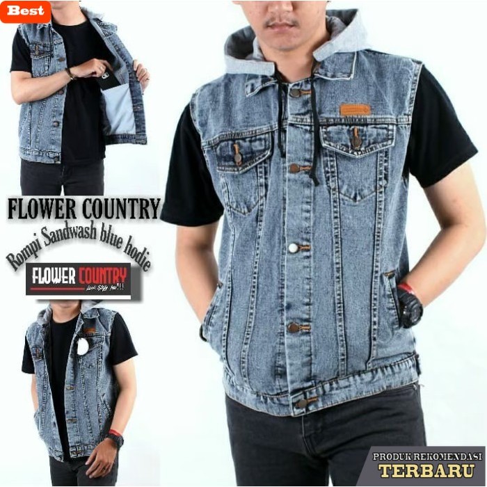 hoodie pria keren Jaket Pria Rompi Vest Hoodie Jeans Denim Sandwash Premium - Sandwash Blue, M