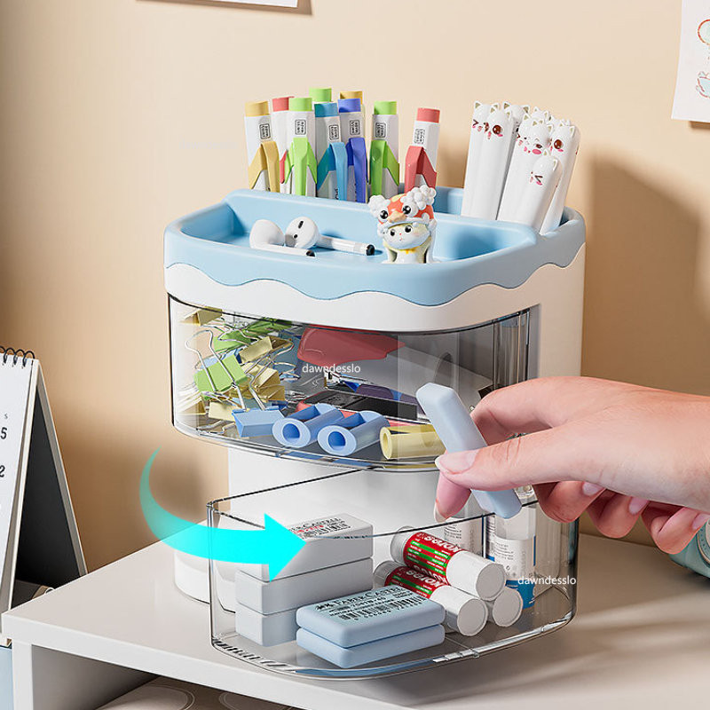 

Practical Multi-Functional Desk Organizer Pen Holder Double Layers Rotating Pencils Storage Rack Student Cosmetics Storage Shelf