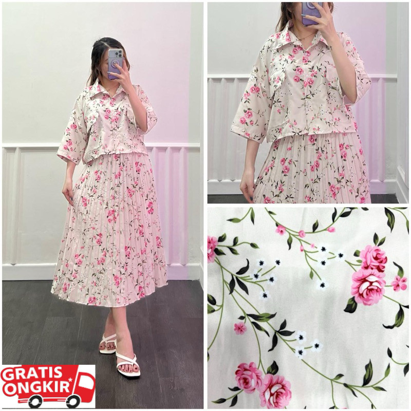 RD FASHION - One Set Fuji / One Set Clara Kemeja Crop & Rok Midi Plisket