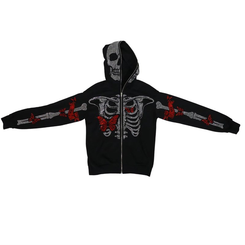 Zip-up Hoodie Men Y2K Clothes Fashion Hoodies Cool Rhinestones Butterfly Skeleton Print Unisex Sweat