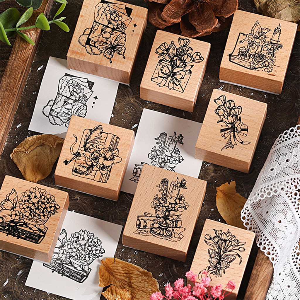 

8pcs Butterfly Flower Letter Wooden Stamps, Plant Butterfly Exquisite Pattern, Used for Scrapbook Greeting Card Decoration