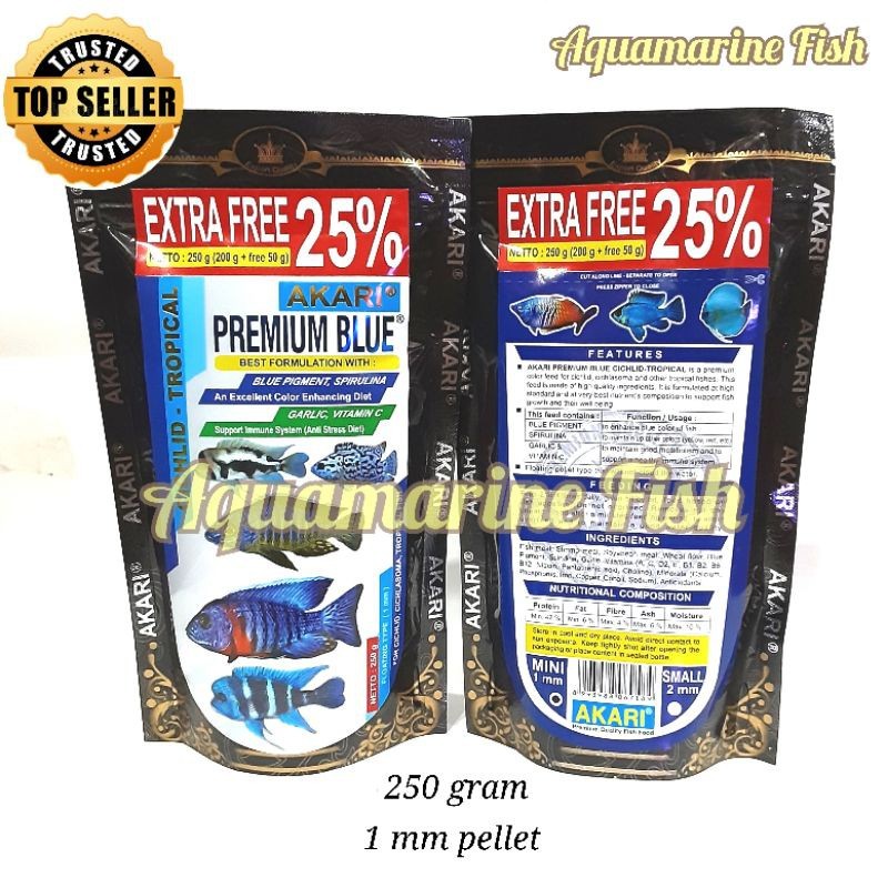 Akari Premium Blue Cichlid 250gr with Spirulina Blue Pigment Pelet Ikan Oscar Channa Discus 1mm Aqua