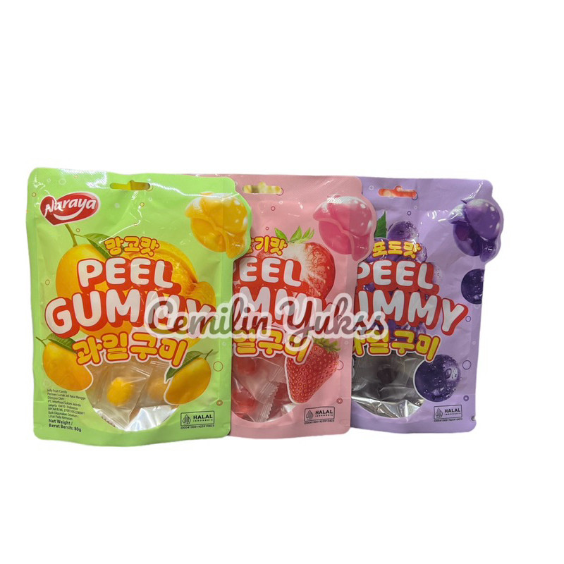 

Naraya Peel Gummy 80g Jelly Fruit Candy Mangga Strawbery Grape Permen Kupas Permen Lunak Jelly
