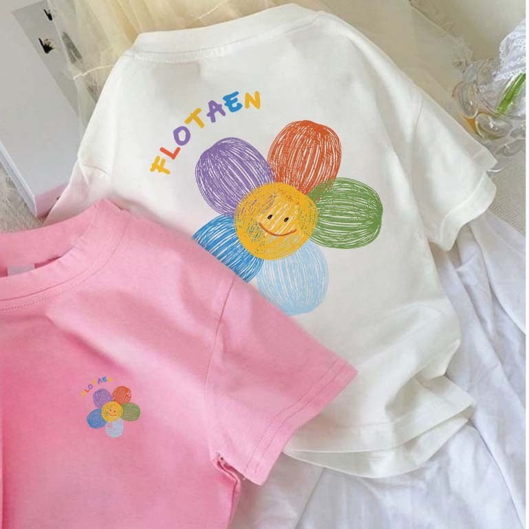 2-12 Tahun Putih Baju Anak Perempuan Bunga Pelangi Print T-shirt Kaos Anak Remaja Perempuan Oversize