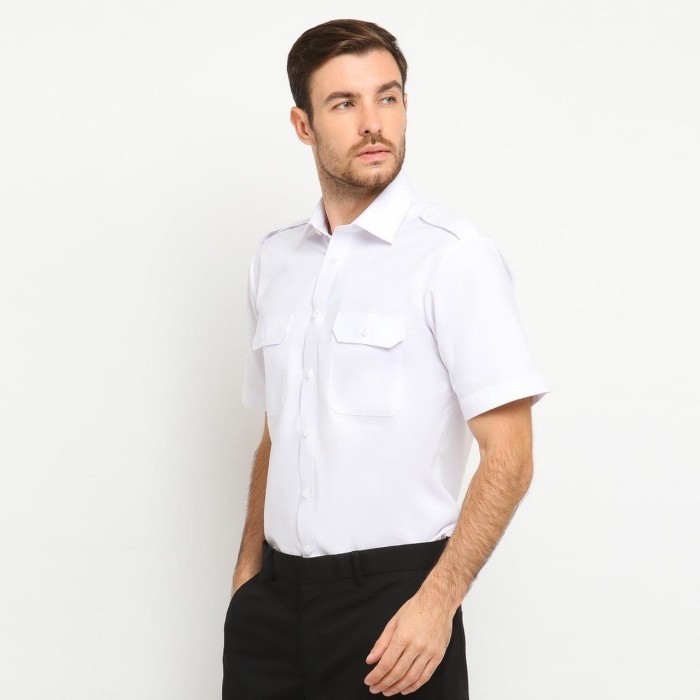 Kemeja Pilot Putih PDH Pangkat Reguler Fit Lengan Pendek Polo Alessandro Seragam Pria - 14( XS), Pen