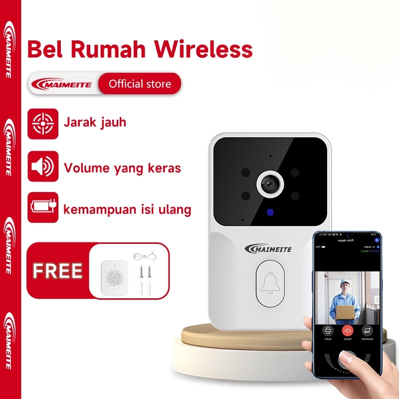 MAIMEITE Bel Rumah Tanpa Kabel Bel Pintu Rumah Wireless Kamera WIFI Video Doorbell Smart Door Bell K