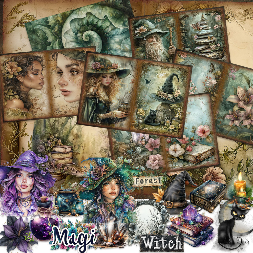 

JAIIMAN52pieces Emerald Witch Junk Journal Kit With 40 Self-adhesive Sticker,for Arts Crafts,Holiday Party,Scrapbooking Supplies