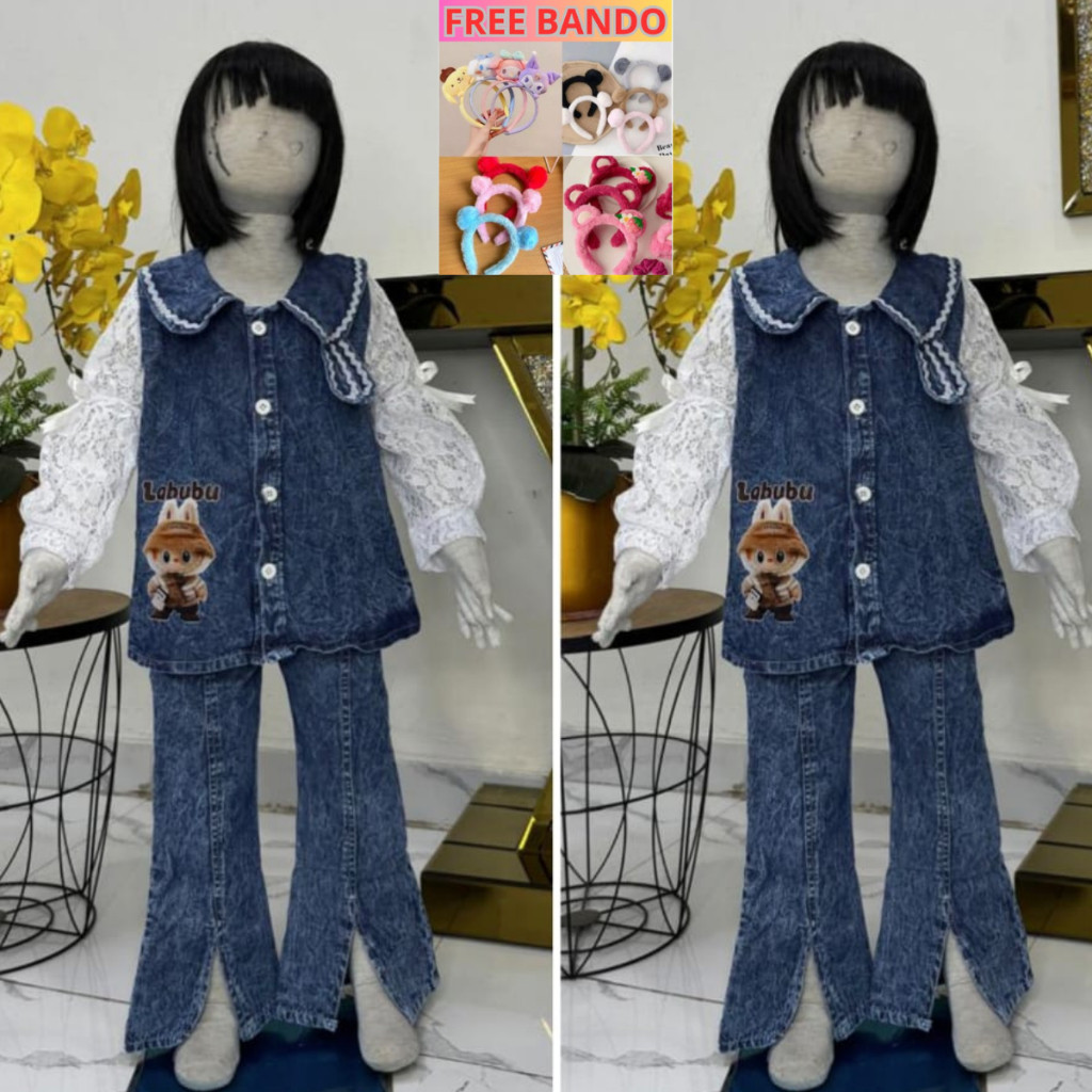 ( Gratis Bando Karakter ) Setelan Baju Anak Perempuan Import Korean Labubu Set Lengan Brokat Jins Mi