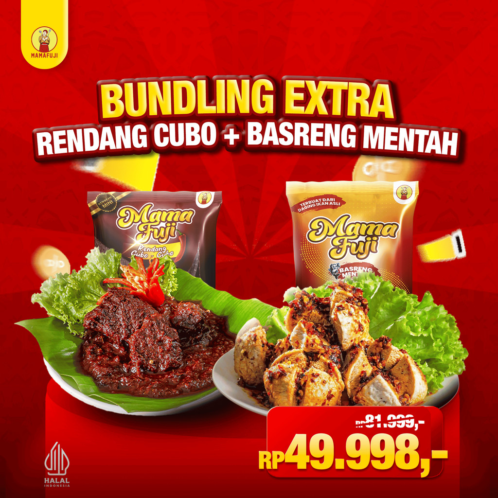

Mamafuji - PAKET MURAH (Rendang Cubo-Cubo 80Gr Kemasan Cicip Isi 1 Potong Daging Per Pack + Basreng Mentah Chili Oil 200Gr)