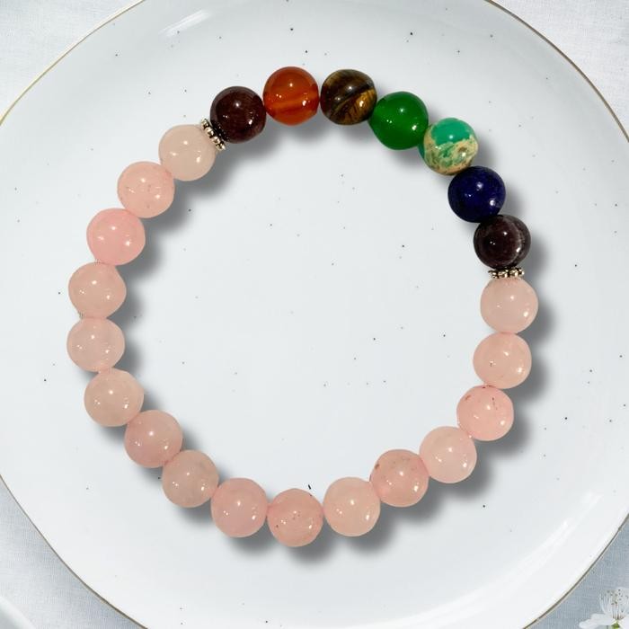 Gelang Rose Quartz dan 7 Cakra Asli - Gelang Gemstone Batu Alam Wanita