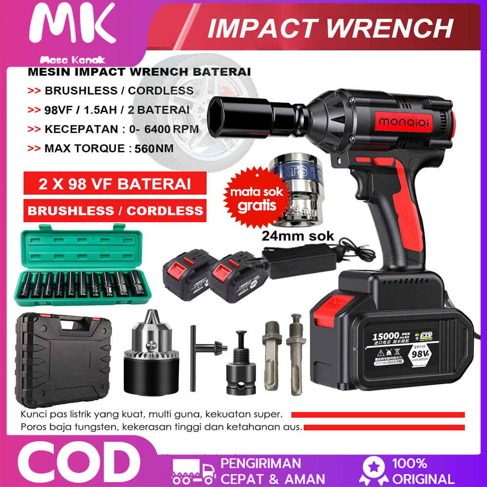 Impact Full Set Murah 98V Impact Wrench Cordless 98V Mesin Impek Pembuka Baut Motor Impack Murah Ber