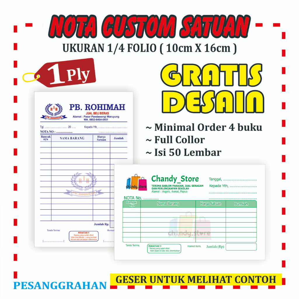 

Cetak nota 1 ply HVS 75gr isi 100 lembar custom nama toko olshop sendiri Pesanggrahan Offset