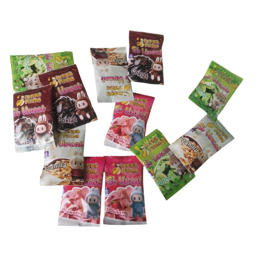 

Keripik pisang karakter ecer 1000, isi 12 pcs mix 4 rasa manis