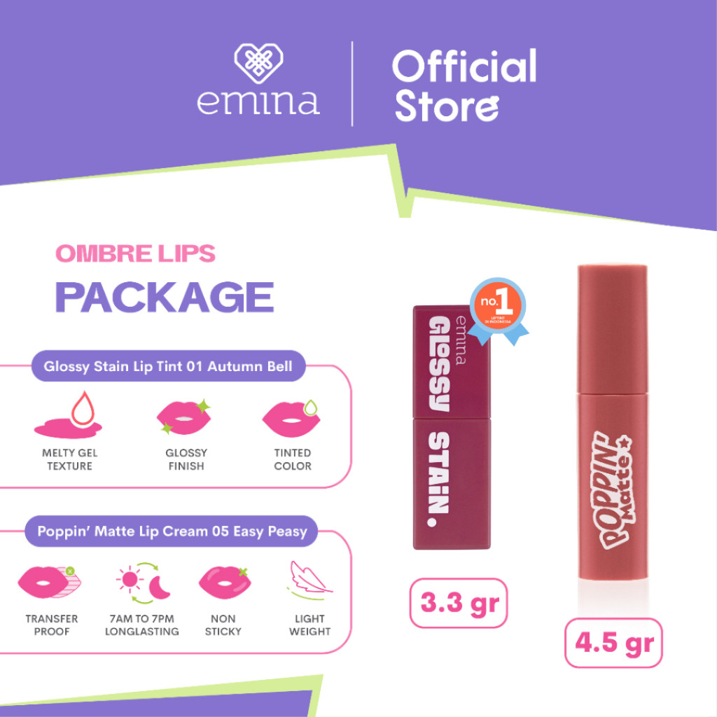 Emina Ombre Lips Package (Glossy Stain 01 & Poppin Matte 05) - Paket Lip Cream & Lip Tint