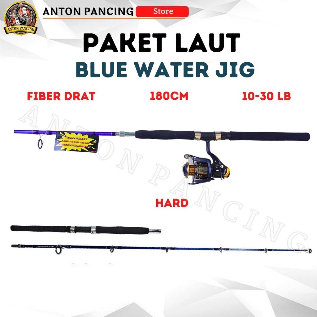 Joran Set Pancing Laut Spinning Blue Water Jig 180 CM Fiber Drat + Reel Golden Fish Tiger Bee 5000