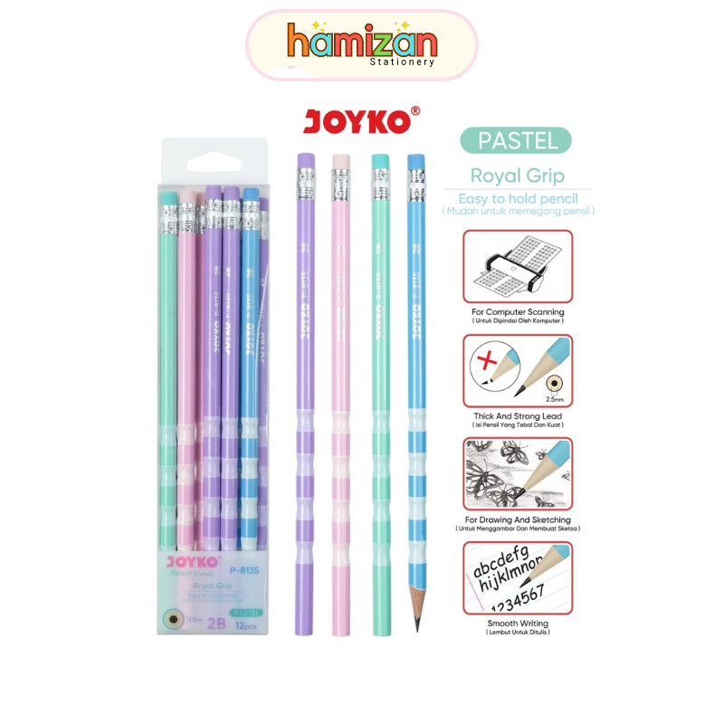 

( 12 batang ) P8135 Pencil Pinsil Pensil 2B Warna Warni Pastel P-8135 dengan Ujung Penghapus Joyko / Pencil Pensil Joyko P-8135 Royal Grid 2B 1 Box 12 Pcs Murah Berkualitas