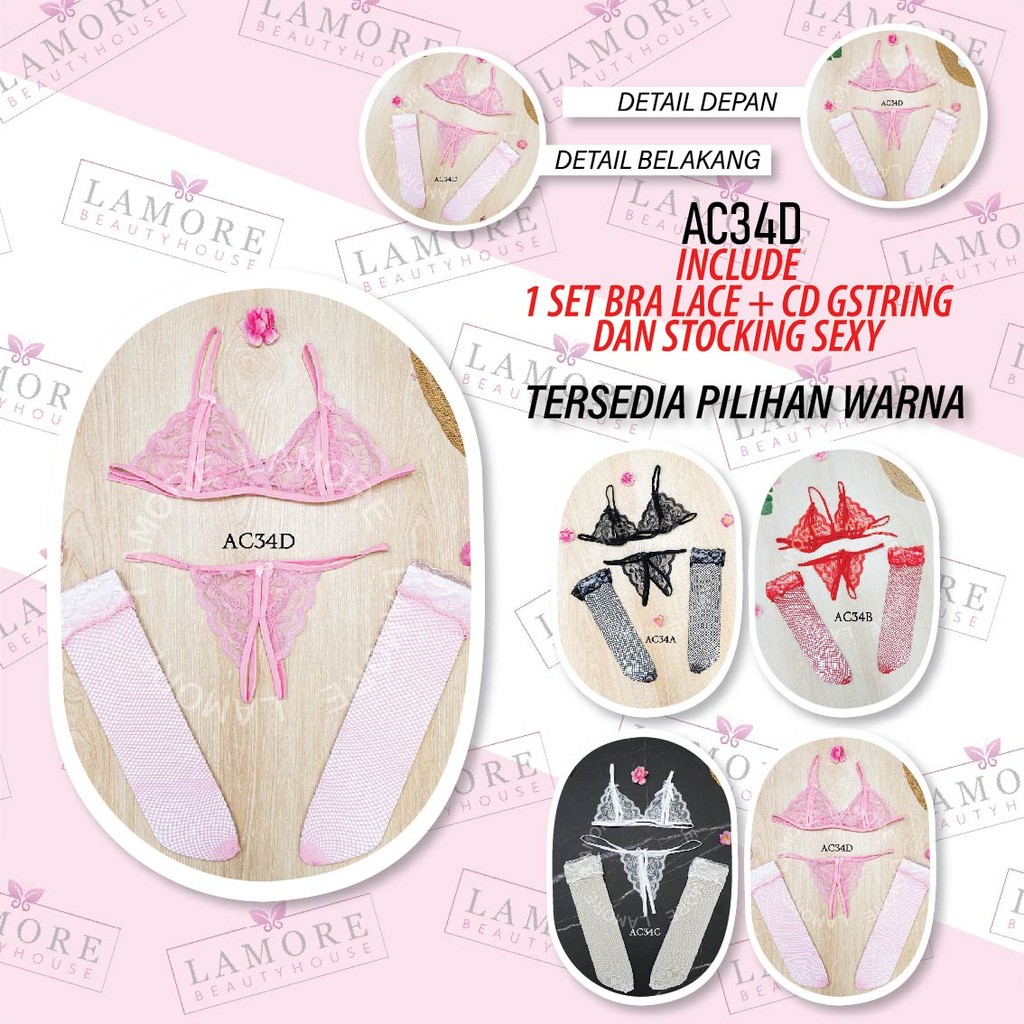 Stocking Jaring + Bra Set G String Underwear Wanita Lace Pink Ac34D