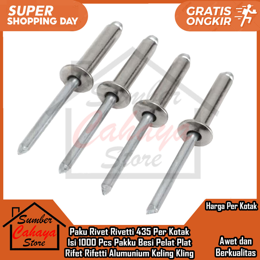 Rivetti Paku Rivet 435 Size 3,2x9,5 Mm Isi 1000 Pcs Penyambung Plat Tipis Material Pengikat Penahan 