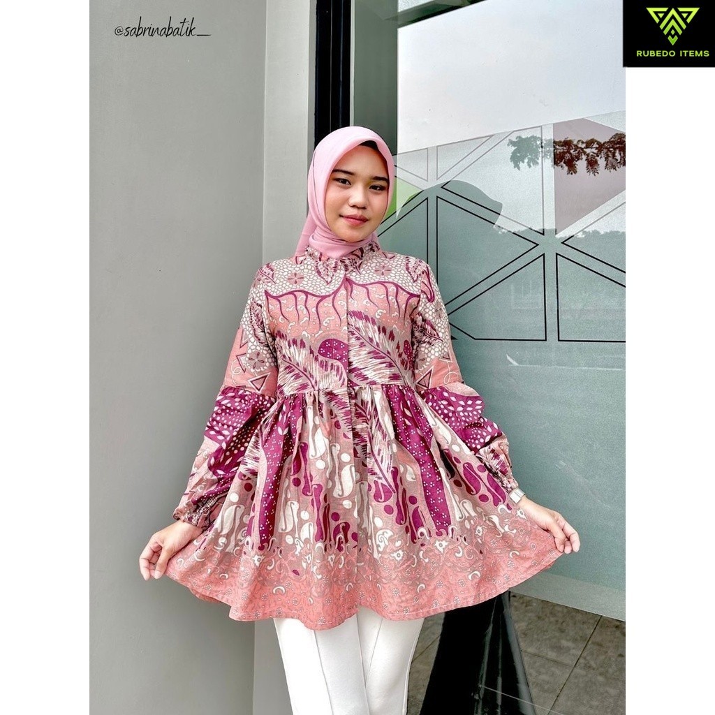 Chaya Blouse Atasan Batik Kerja Kantor Wanita Modis Modern Kekinian Soft Pink Katun Tangan Balon Bus
