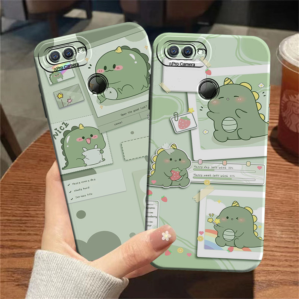 Case Oppo A7 A5S A12 A3S A1K C2 Silikon Pelindung Kamera Motif Dino Green