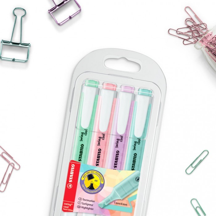 

STABILO Highlighter Swing Cool Set, 4 Pastel Colors, Pocket Size Subtle Trendy Pastel Color Marker, 1+4mm Highlighting Line