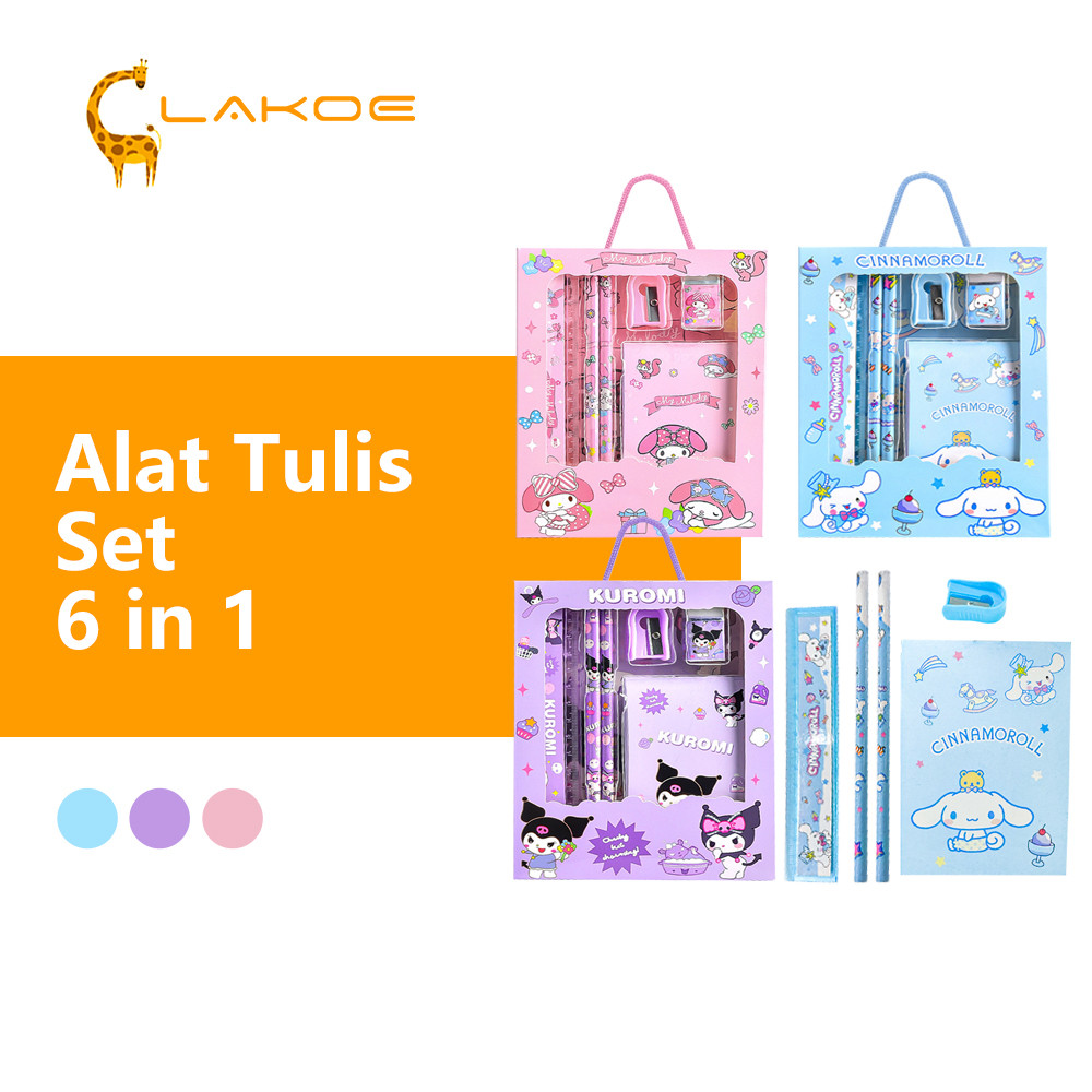 

LAKOEOFFICIALMALL Alat Tulis Set Anak Sd Kuromi 6 in 1 Kotak Pensil Anak Set Pensil Penghapus Penggaris