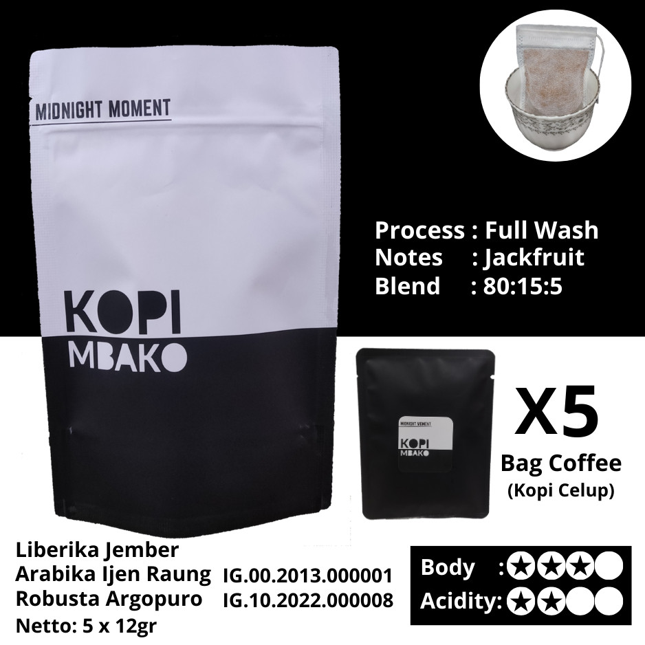 

Bag Coffee (kopi celup) Blend 80:15:5 Midnight Moment by Mbako Kopi