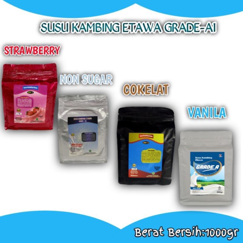 

MOCCA JAYA-SUSU KAMBING ETAWA BUBUK GRADE.A 1KG/1000GR RASA ORIGINAL, COKELAT, STROBERI DAN LOW/NON SUGAR.DLL