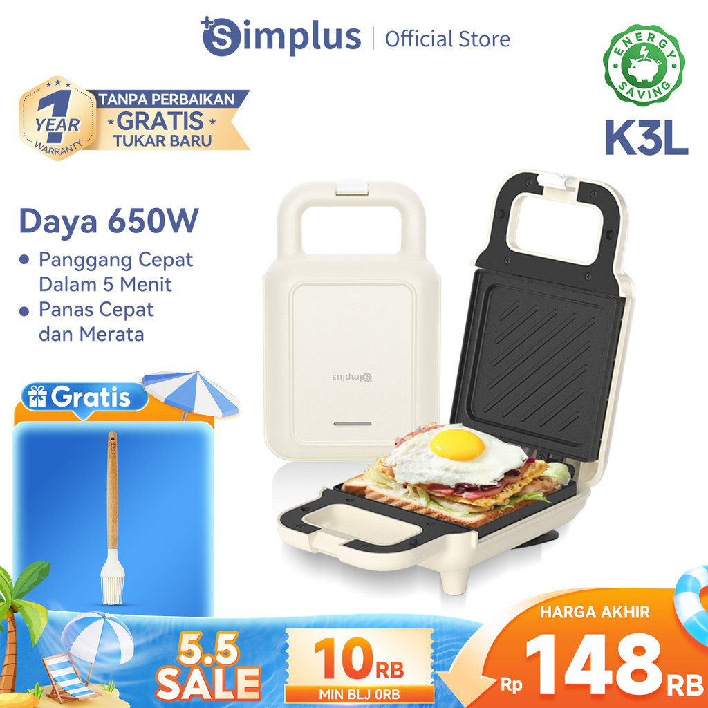 Simplus Toaster Anti Lengket Pemanggang Roti Sandwich Maker Low Watt - Hitam, 2 Slot, 7 Pengaturan Suhu