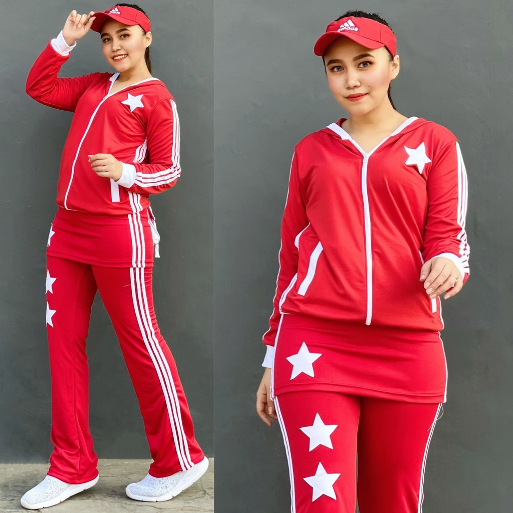 Stelan Baju Senam  Outdoor Panjang Muslimah Hijab Cycling Rok Merah Putih