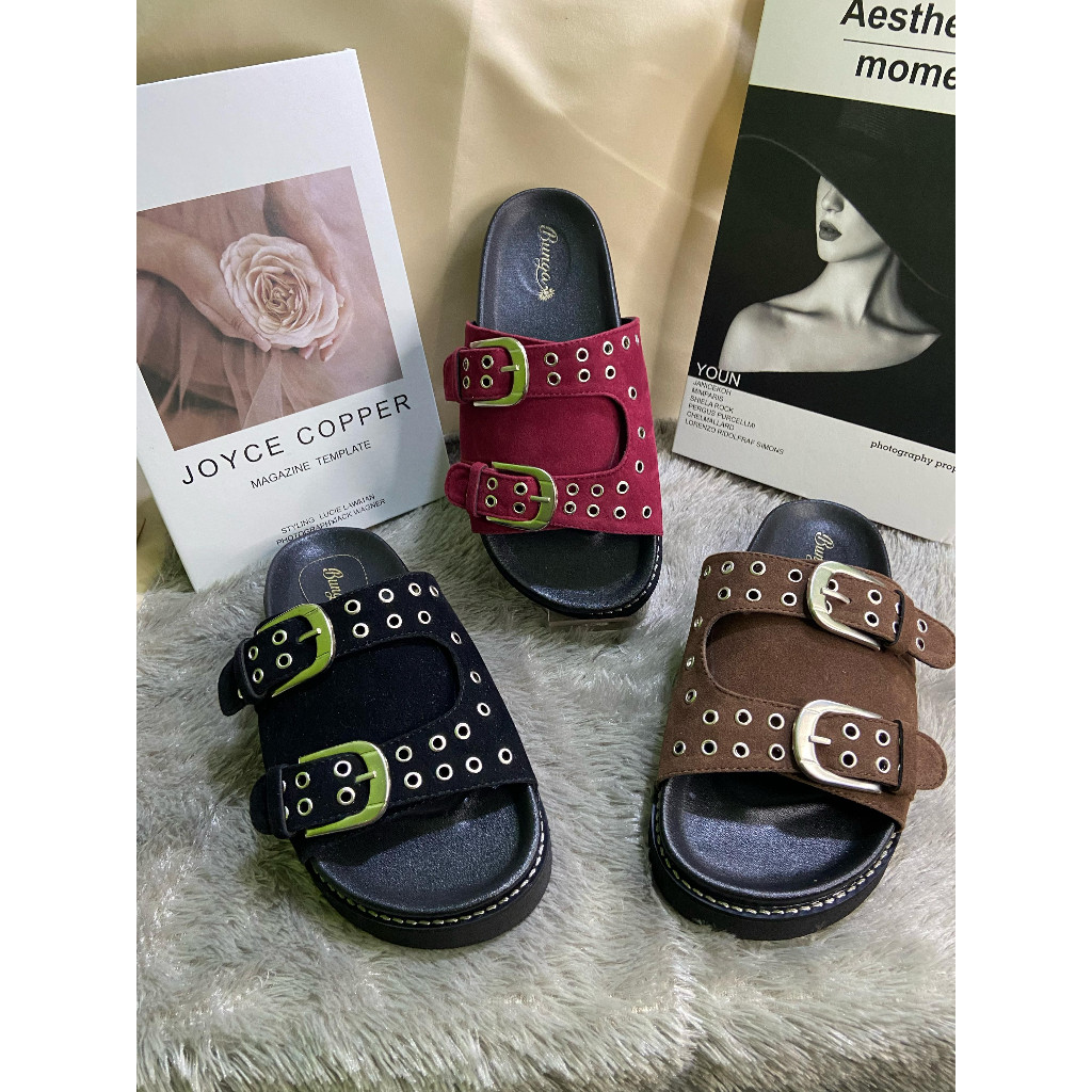 TOMOYSHOP Bunga Sandal Siera Series / Sandal Flat Wanita Perempuan Bludru Burgandy Maroon Coklat Hit