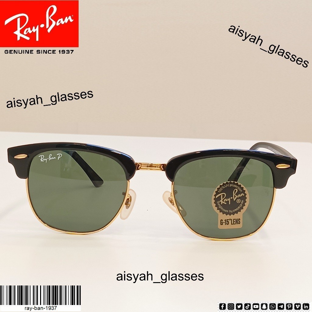 Kacamata Hitam  Clubmaster RB3016 Hitam Bingkai Emas - Lensa Hijau